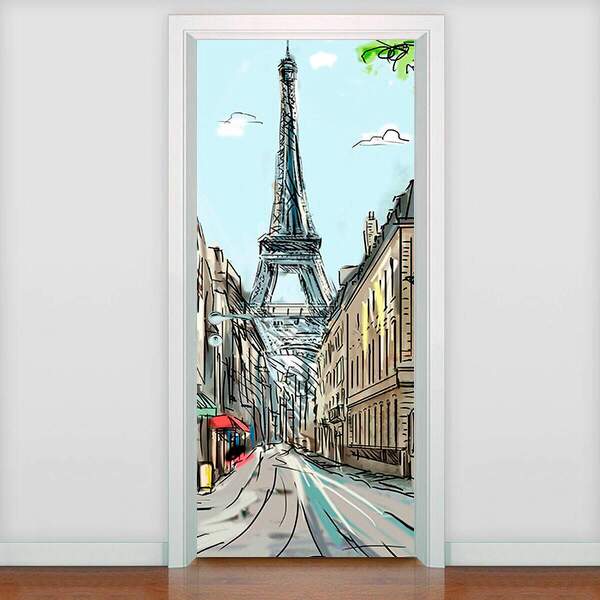 Adesivo Para Porta Torre Eiffel Pintura À Óleo-63x210cm