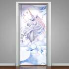 Adesivo Para Porta Unicórnio Azul E Roxo Nas Nuvens-63x210cm