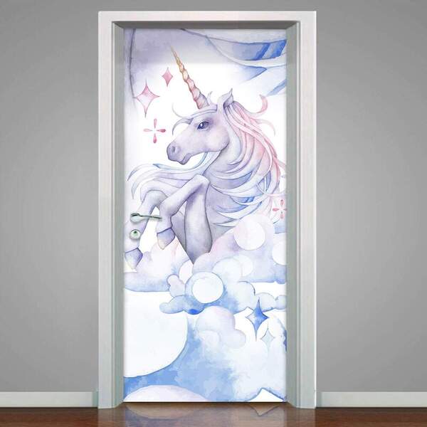 Adesivo Para Porta Unicórnio Azul E Roxo Nas Nuvens-93x210cm