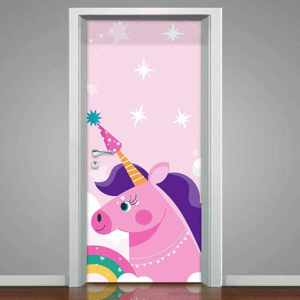 Adesivo Para Porta Unicórnio Com Estrelas-83x210cm