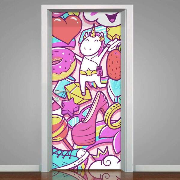 Adesivo Para Porta Unicórnio E Itens-83x210cm