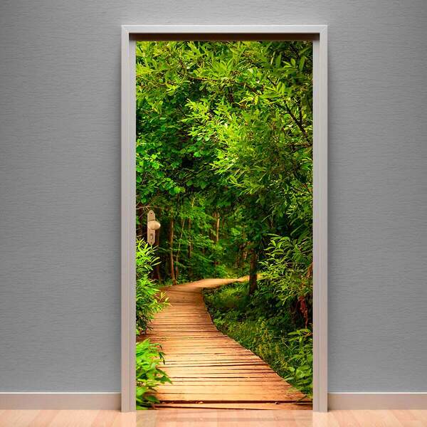 Adesivos De Porta Ponte Madeira Na Floresta-83x210cm