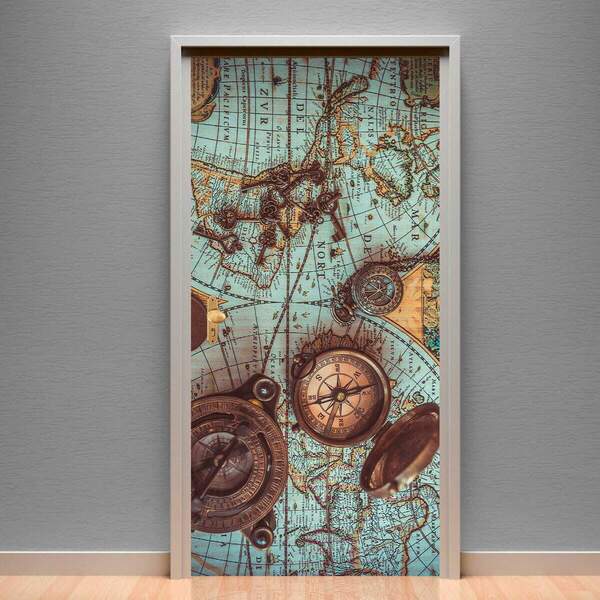Adesivos Para Porta Retro Bússola E Mapa 02-63x210cm