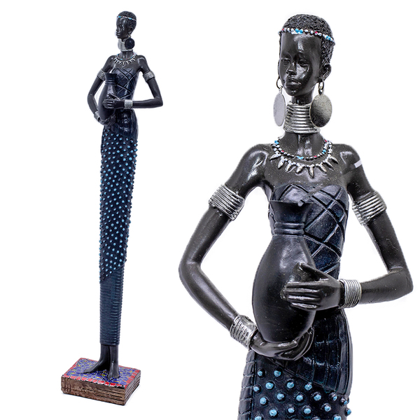 Africana Decorativa De Resina Negra Com Detalhes Azul