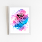 Água Viva Azul E Rosa Aquarela Quadro Moldura Branca 60x40cm