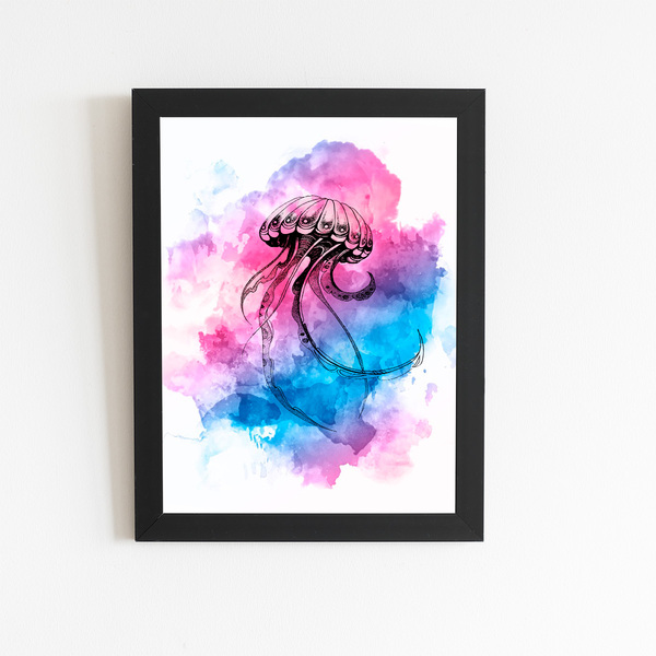 Água Viva Azul E Rosa Aquarela Quadro Moldura Preta 60x40cm