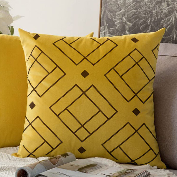 Almofada Amarela Cubos Marrom 50x50cm - Serigrafada Frente E