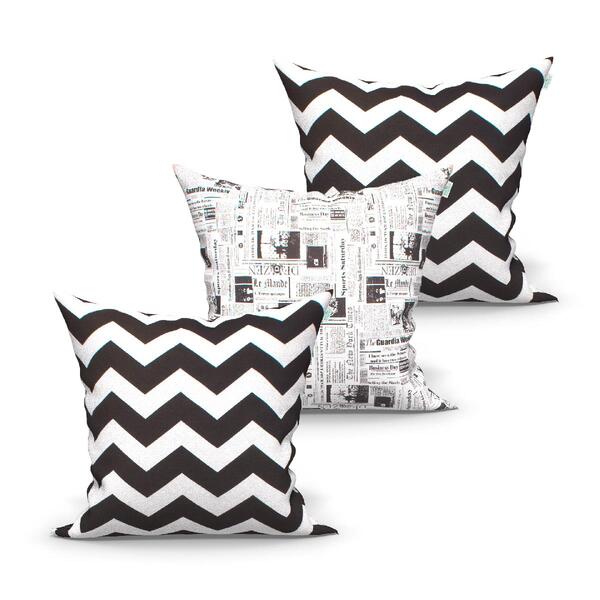 Almofada Chevron Preta E Jornal Kit 3 Unidades 60cm X 60cm Te