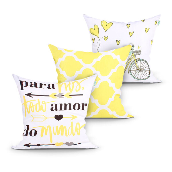 Almofada Decorativa Amarela Frase Amor 3 Unidades 45cm X 45cm