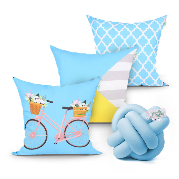 Almofada Decorativa Azul Bebê Estampada 3 Unidades 45cm X 45c