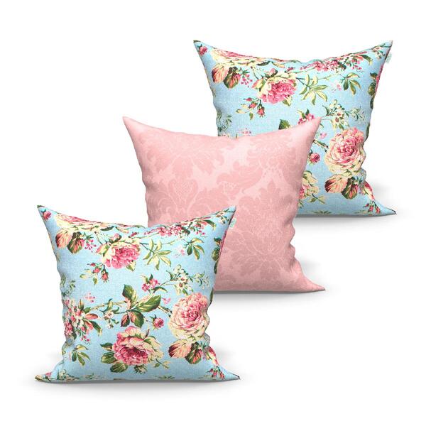Almofada Decorativa Grande Floral E Rosê Lisa Kit 3 Unidades