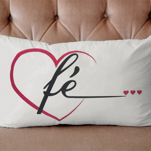 Almofada Fé Retangular 30x50cm Coração Rosa - Capa Com Enchim