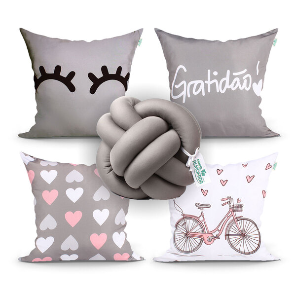Almofada Gratidão Cinza Estampada Decorativa 4 Unidades 45cm