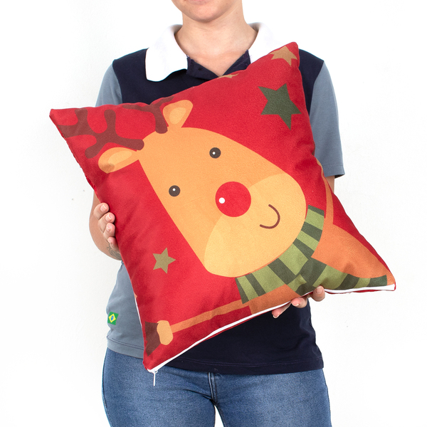 Almofada Natalina De Suede 40cm X 40cm Estampada Rena Vermelh