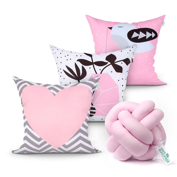 Almofada Para Cama Coração Estampada Rosa 3 Unidades 45cm X 4