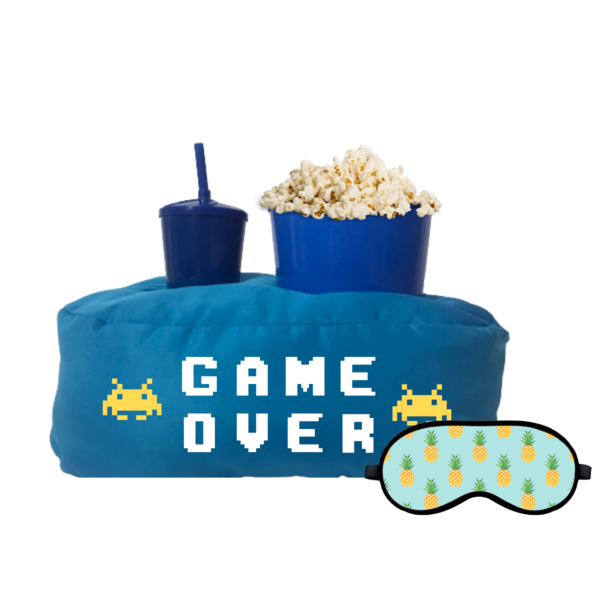 Almofada Porta Pipoca Azul Infantil Game Over + Máscara Azul