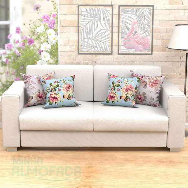 Almofada Rosê Floral Decorativa 4 Unidades 45cm X 45cm Com Re