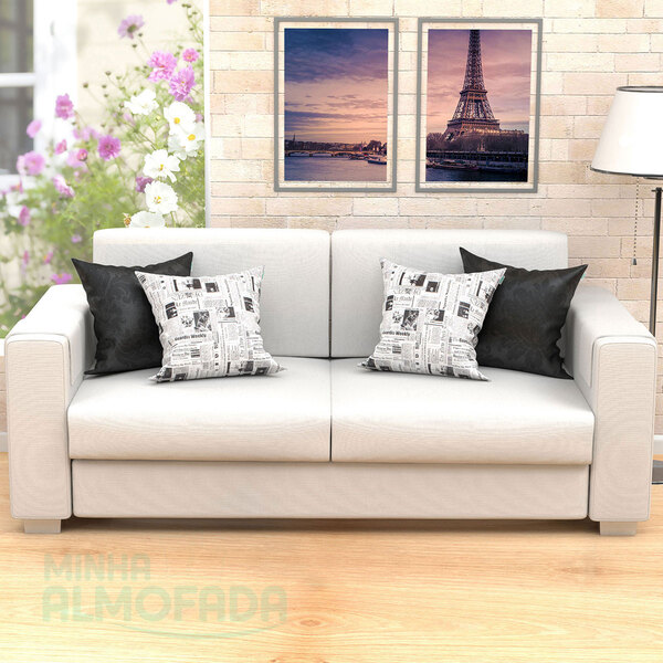 Almofadas Para Sala Jornal Preto Composê 45cm X 45cm 4 Unidad