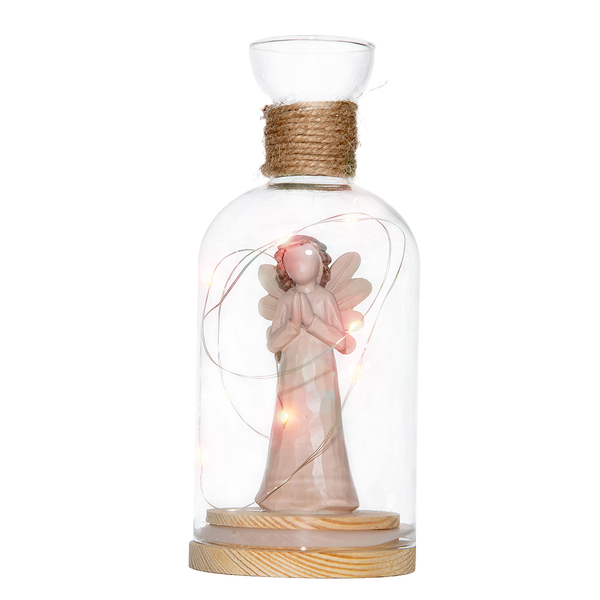 Anjo De Resina Rezando Na Cúpula C/ Luz De Led 19cm Altura