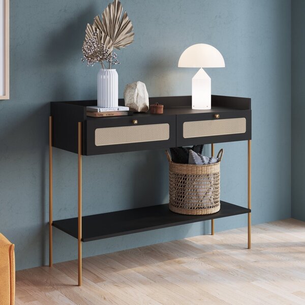 Aparador 2 Gavetas 103cm Palhinha Pé Metal Oslo Nero/dourado