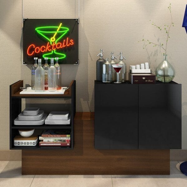 Aparador 2 Portas 3 Prateleiras 1 Nicho Br50 Preto/madeirado