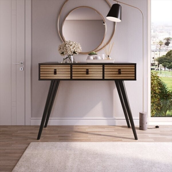 Aparador 3 Gavetas Ripado Brise Amber Genialflex Preto Frente