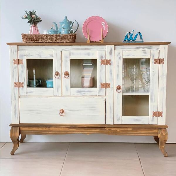 Aparador 3 Portas Vidro Madeira Maciça Rústico Branco Garapa