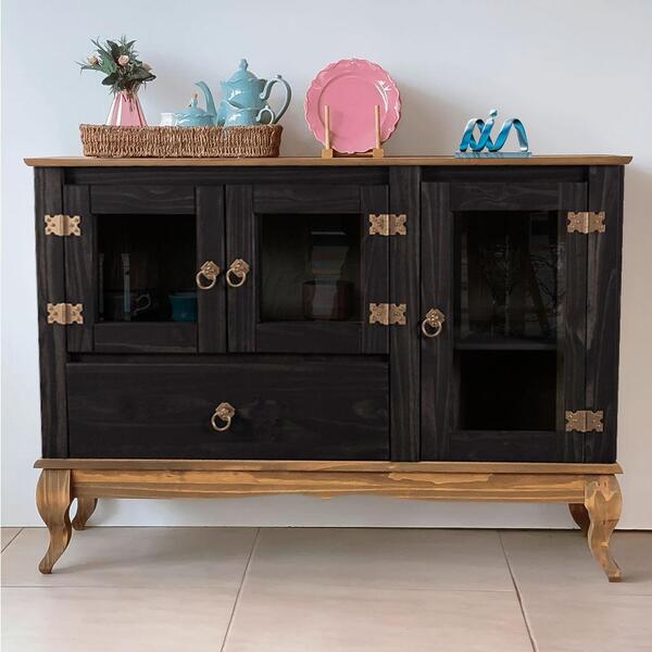 Aparador 3 Portas Vidro Madeira Maciça Rústico Preto Garapa D