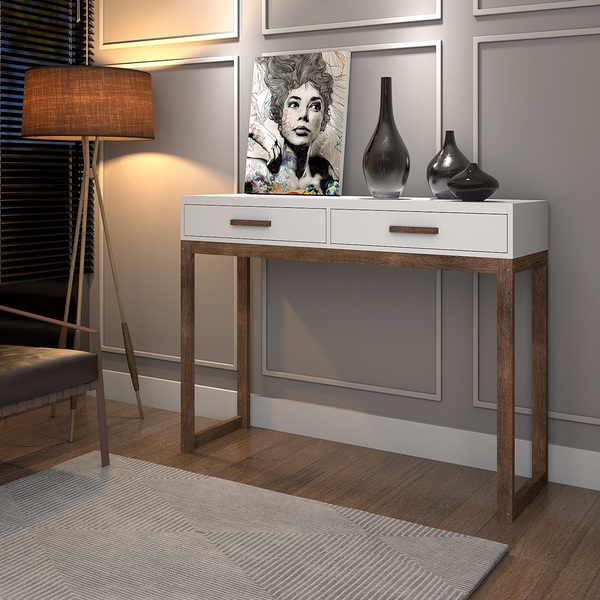 Aparador Absoluto 2 Gavetas Com Branco Pés Madeira Natural