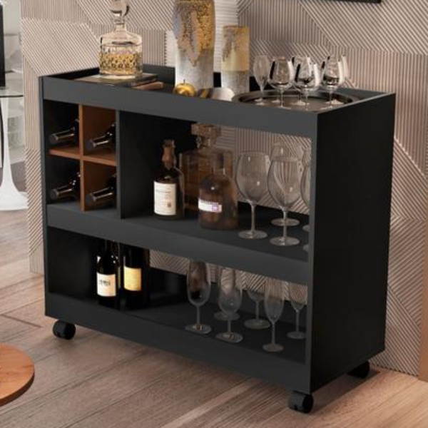 Aparador Adega Dallas Preto Caramelo Com Rodízios