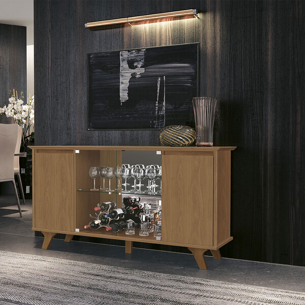Aparador Buffet 100% Mdf 04 Portas 2 De Vidro E Pés Em Madeir