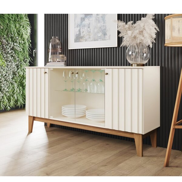 Aparador Buffet 4 Portas Com Ripado E Vidro Eiffel Off White