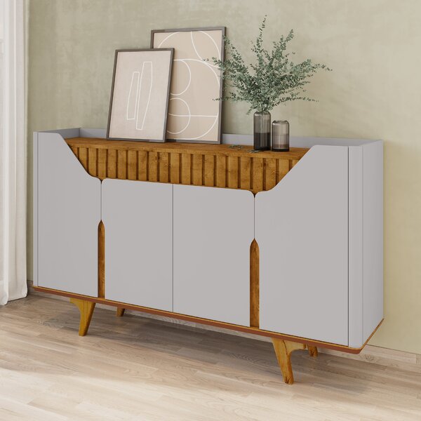 Aparador Buffet 4 Portas Mdf Ripado Real Pés De Madeira Maciç