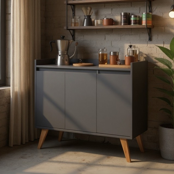 Aparador Buffet 90cm Retro Mdf Grafite Madri - On Móveis