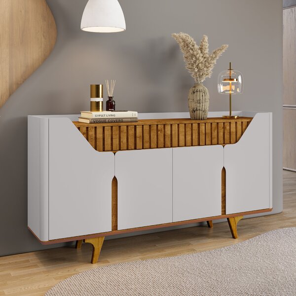 Aparador Buffet Portas Em Mdf Ripado Real Pés De Madeira Maci