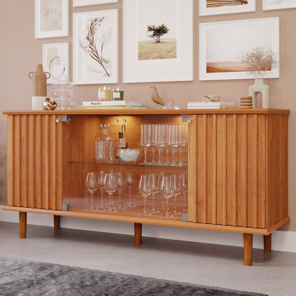 Aparador Buffet Ripado 4 Porta Com Led Vidro E Pes De Madeira