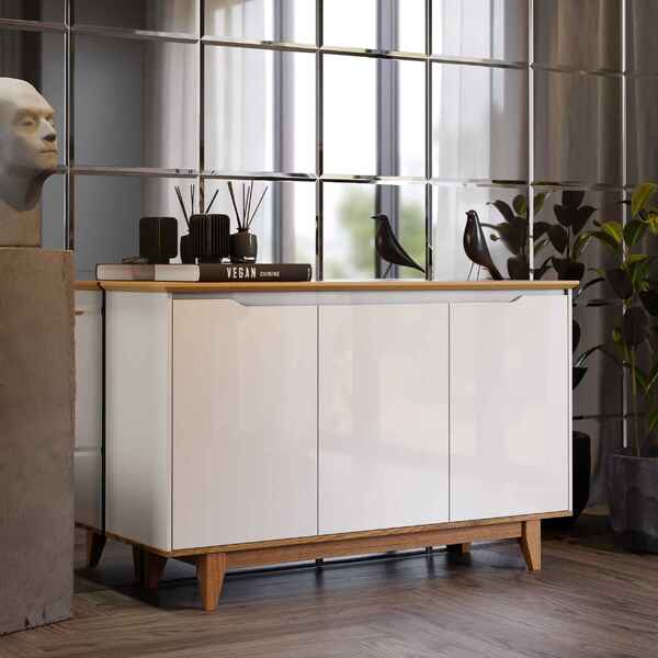 Aparador Buffet Sala Flow 3 Portas Com Pés De Madeira Offwhit
