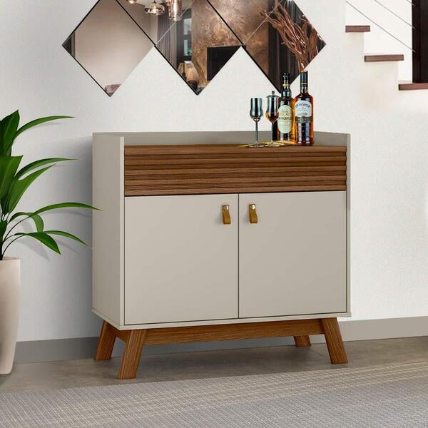 Aparador Com Gaveta Ripada E Puxador Em Couro Freijó Off Whit