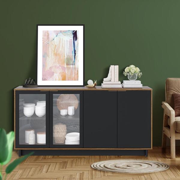Aparador De Sala 2 Portas Vidro Noce Milano Preto Fosco Chaga