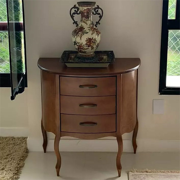 Aparador Pequeno De Sala Madeira Clássico 3 Gavetas Meia Lua