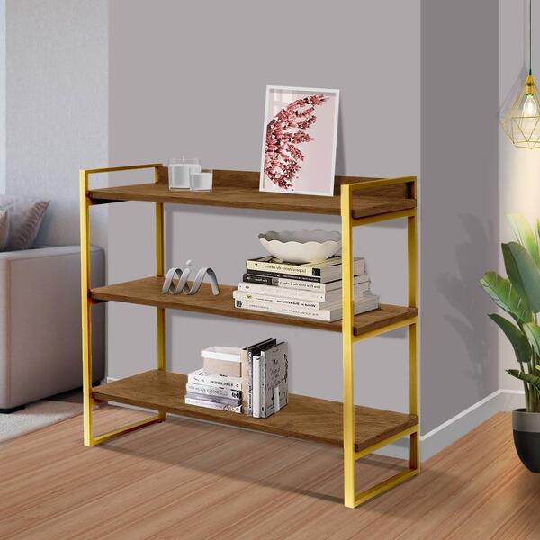 Aparador Pequeno Em Aço 3 Prateleiras 90 Cm Imbuia Dourado Ez