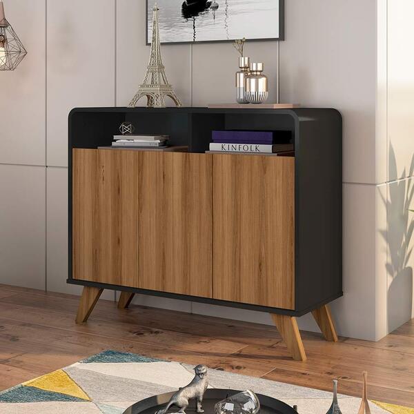 Aparador Retrô 3 Portas Nature Preto Eccos Fabri Móveis
