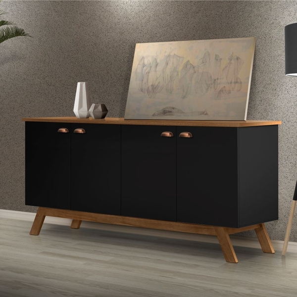 Aparador Retro 4 Portas Preto E Madeira