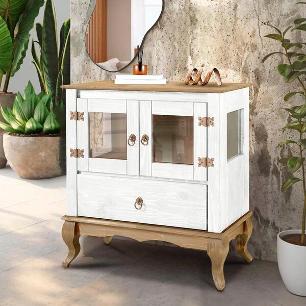 Aparador Rústico Madeira Maciça 2 Portas Vidro Lateral Branco