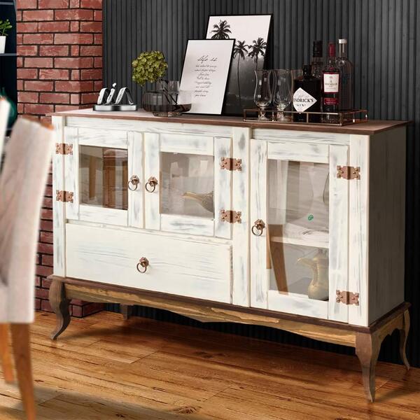 Aparador Rústico Madeira Maciça 3 Portas Vidro Branco Garapa