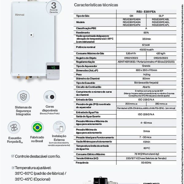 Aquecedor a Gás Rinnai REUE351FEABN3 57100W Bivolt | Leroy Merlin