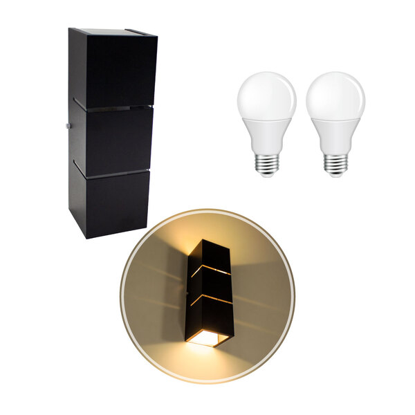 Arandela Focos Fachos Frisos 30cm Preta + 2 LED Bulbo 12W 300