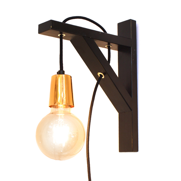 Arandela Mão Francesa Preta em Madeira com Fio Tecido E27