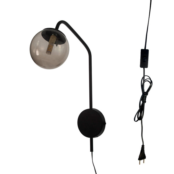 Arandela New Figo Preto C/ Plug E Interruptor - Vidro Fumê