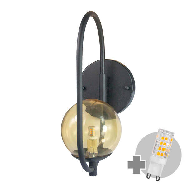 Arandela Online  Preta Globo De Vidro Ambar + Led 5w